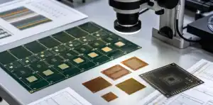 An HDI microvia test coupon is inspected under magnification for process review.