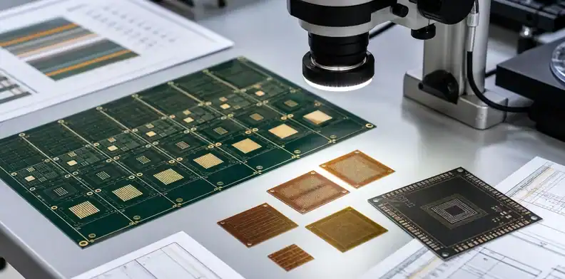 An HDI microvia test coupon is inspected under magnification for process review.