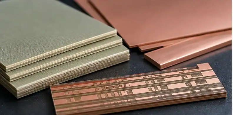 BT laminate coupons and copper layers show the material stack reviewed before PCB release.