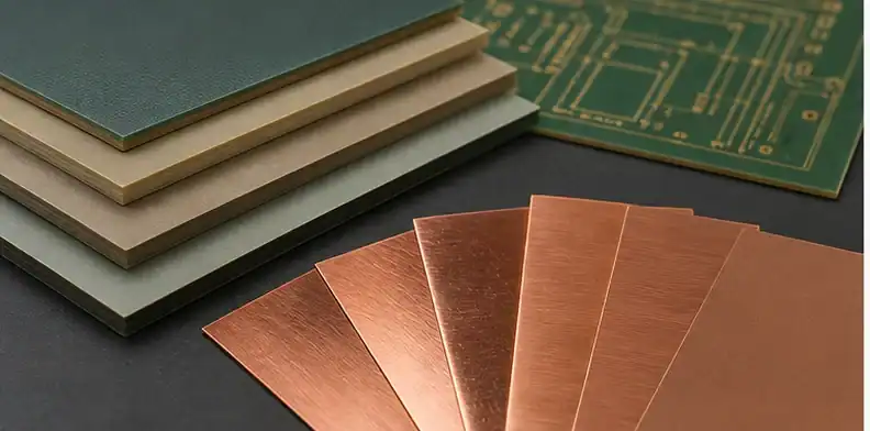 BT laminate grades and copper foil samples show material inputs behind PCB cost.
