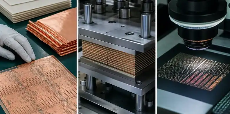 Copper foil and laminate sheets show the BT PCB manufacturing process material preparation stage.