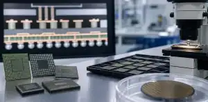 Memory package substrate samples show dense BGA pad arrays for BT material review.