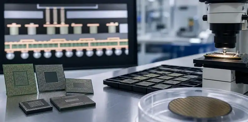 Memory package substrate samples show dense BGA pad arrays for BT material review.