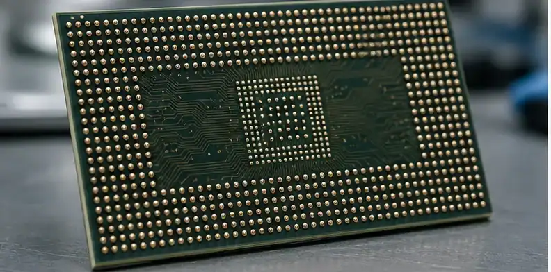 A BT organic package substrate shows BGA pads used in advanced packaging review.