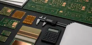 An engineering desk reviews BT PCB price with substrate samples, panel layout, caliper, and calculation materials.
