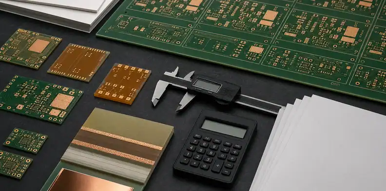 An engineering desk reviews BT PCB price with substrate samples, panel layout, caliper, and calculation materials.