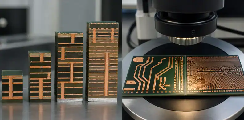Multilayer stack construction and fine copper routing show BT PCB price drivers under inspection.