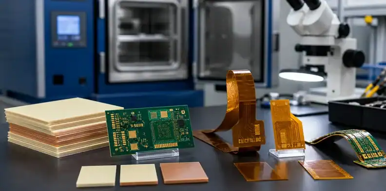 Rigid BT laminate coupons show the organic material path for high-temperature PCB review.