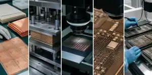 An engineering contact sheet shows the BT PCB manufacturing process from material prep to inspection.
