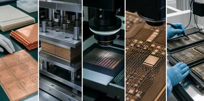 An engineering contact sheet shows the BT PCB manufacturing process from material prep to inspection.