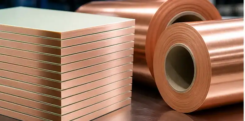 BT laminate stacks and copper foil rolls show key material inputs in the supply chain.