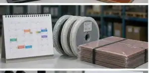 A sourcing schedule board shows BT PCB lead time and MOQ planning for small-batch buyers.