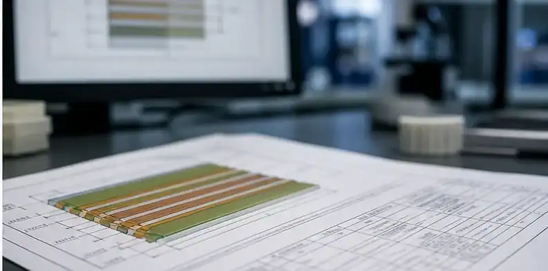 A blurred stackup drawing and BT material samples support a controlled PCB material review.
