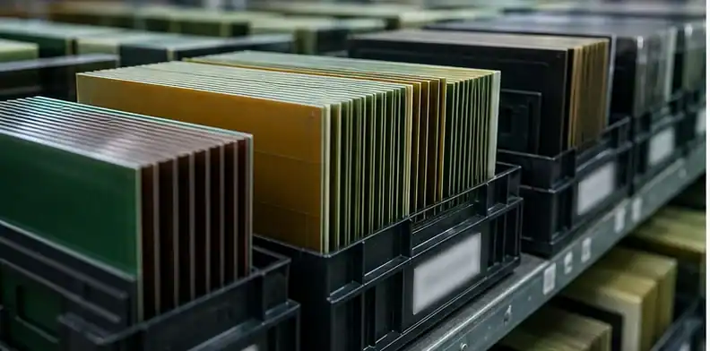 Substrate panels in inventory trays show material allocation and stock planning risk.