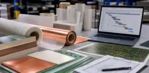 BT laminate stacks and copper foil rolls show key material inputs in the supply chain.