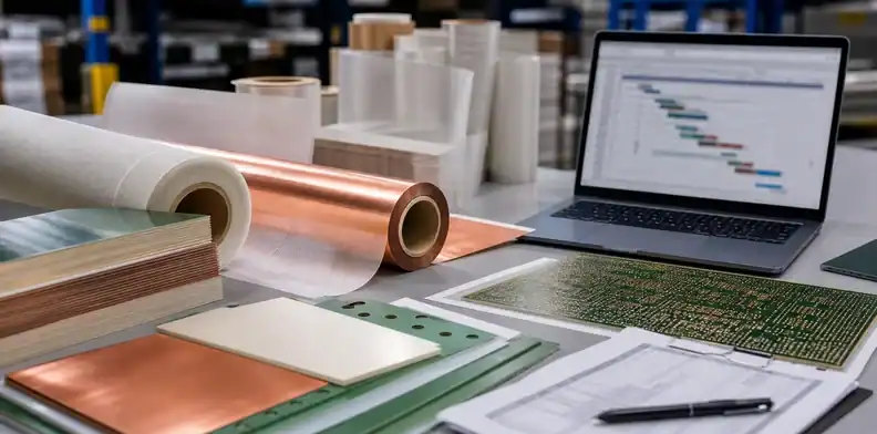 BT laminate stacks and copper foil rolls show key material inputs in the supply chain.