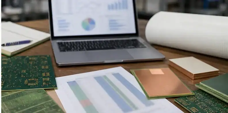 Blurred planning charts and material samples support a BT substrate supply-chain review.