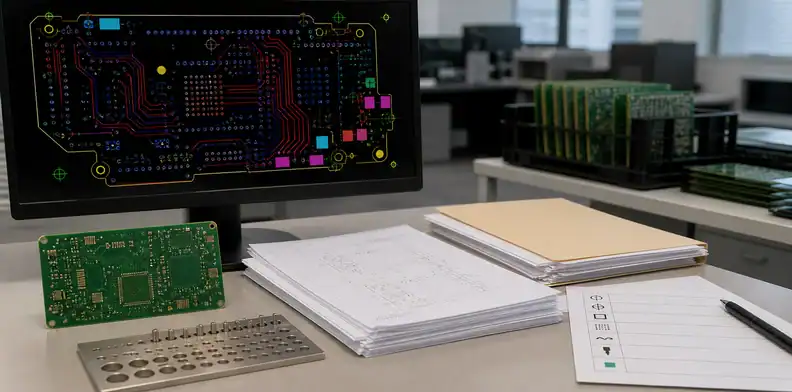 A CAM cleanup screen and quote package show ai pcb gerber review boundaries before fabrication pricing.