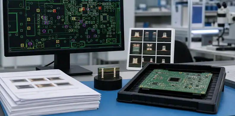 A CAM markup screen and inspection records show ai generated pcb evidence planning before production.