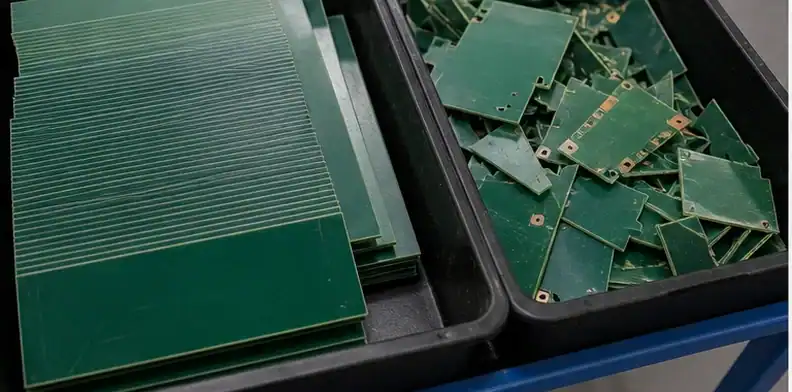 Engineer separating reusable laminate from scrap during a cancel PCB order material review