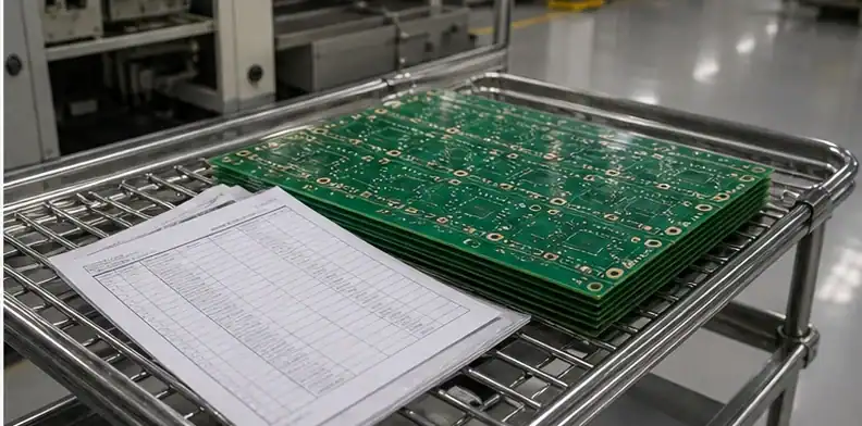 Factory traveler beside partially processed panels for cancel PCB order WIP stage evidence