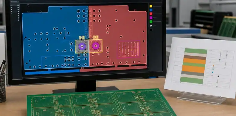A buried capacitor PCB CAM review marks plane splits, drill antipads, and measurement coupon questions.