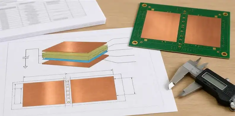 A buried capacitor PCB drawing highlights an active plane pair, dielectric thickness, and capacitance target.