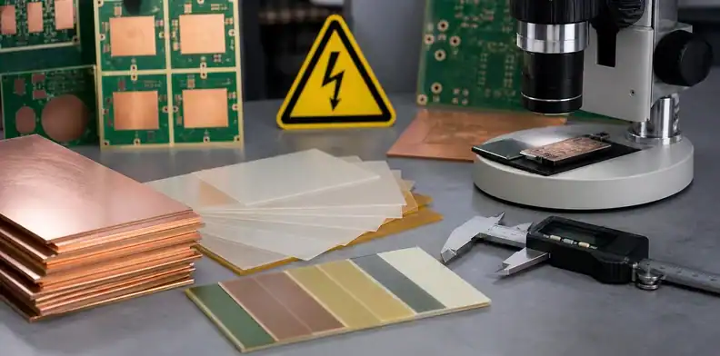 A buried capacitor PCB material review shows thin dielectric layer samples, voltage note, and stack-up approval marks.