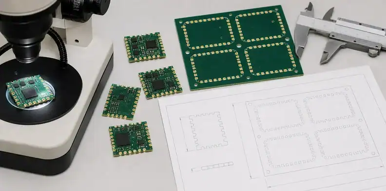 Carrier-board drawings support castellated hole plating acceptance for edge geometry and fit.