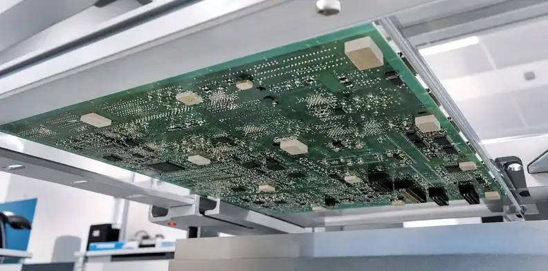 Neutral support zones and underside clearance shape a large PCB reflow carrier.