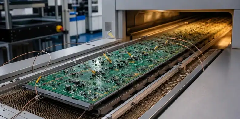 Thermocouples compare board zones during large PCB reflow carrier qualification.
