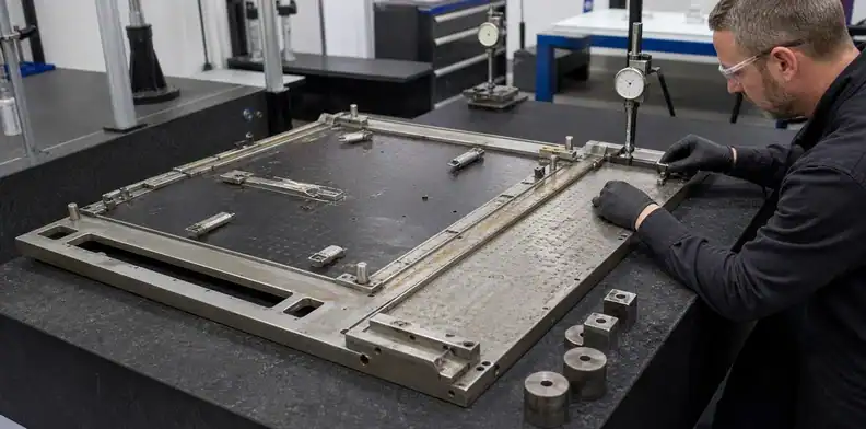 Flatness and locating-feature checks control wear on a large PCB reflow carrier.