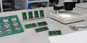 A microscope checks castellated hole plating acceptance on small PCB modules.