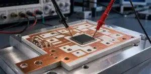 An engineering scene for ceramic PCB dielectric strength showing a ceramic power-module substrate and voltage probes.