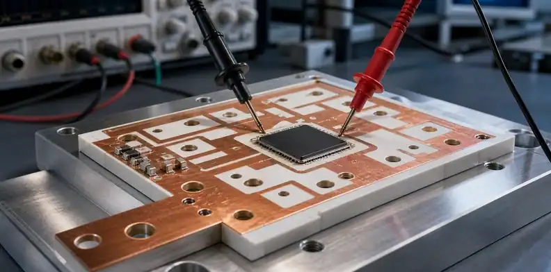 An engineering scene for ceramic PCB dielectric strength showing a ceramic power-module substrate and voltage probes.