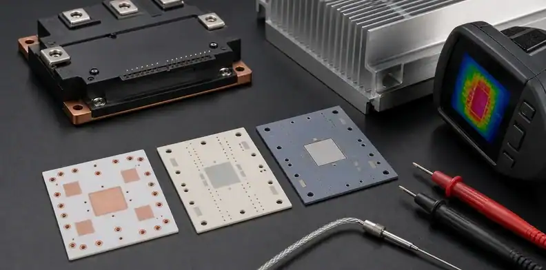 An engineering scene for ceramic PCB dielectric strength showing ceramic substrate samples and power-module test tools.