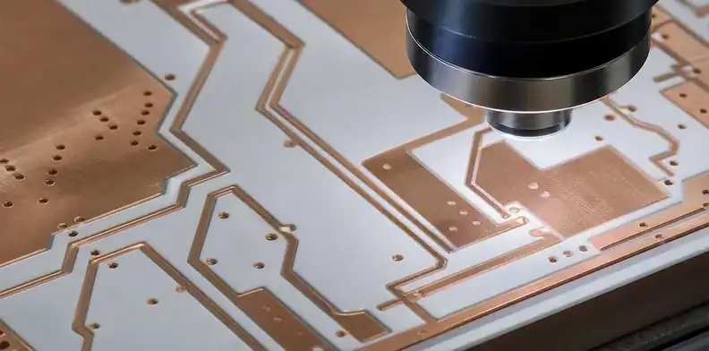 Illustration of copper-pattern inspection on a ceramic substrate.