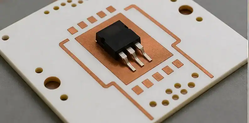 A ceramic substrate with copper pads shows a power-device mounting area for thermal review.