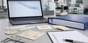 A ceramic PCB engineering desk compares prototype samples with a production release folder.