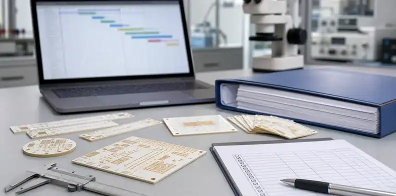 A ceramic PCB engineering desk compares prototype samples with a production release folder.