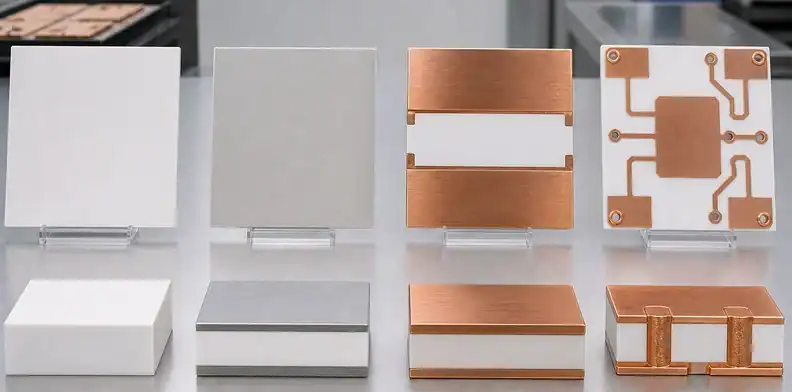 Alumina, AlN, DBC, and DPC samples compare ceramic pcb thickness and conductor route choices.