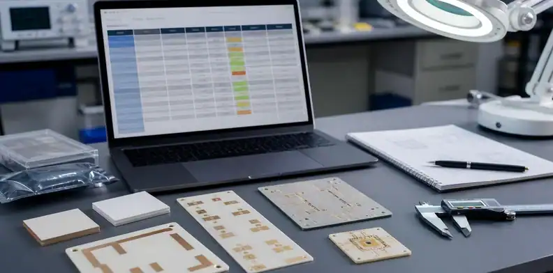 An engineering desk compares top ceramic pcb manufacturers in china using ceramic substrate samples and supplier evidence.