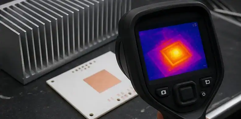 A thermal camera and heat sink are used to review a ceramic substrate heat path.