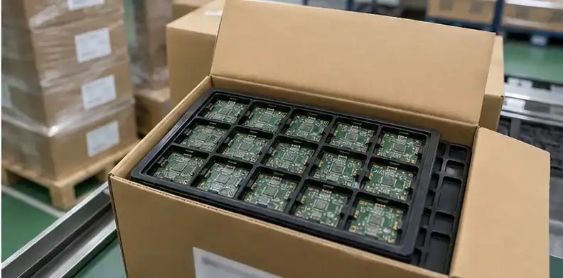 Export packaging and a protected board tray show shipping checks for a BT PCB order.