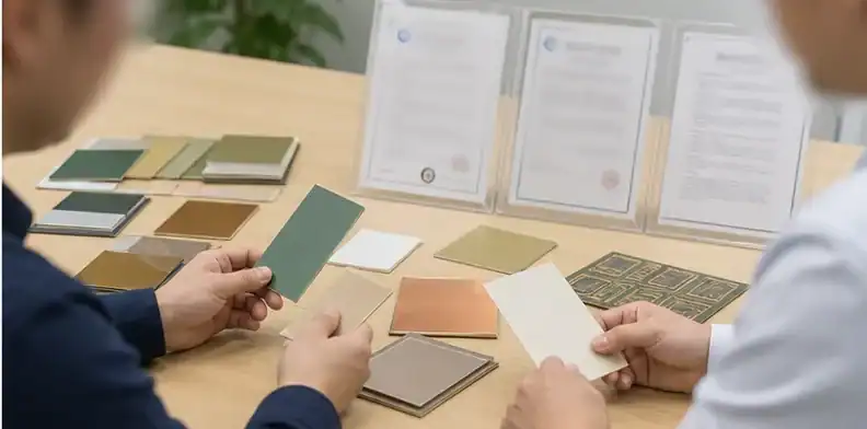 Laminate coupons and blurred certificate pages support a BT PCB supplier evidence check.