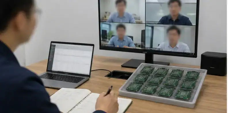An English video-call setup and PCB sample tray support a remote BT PCB DFM review.