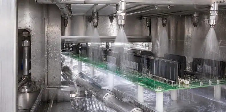 Matched chemistry and spray coverage improve large PCB cleaning under components.