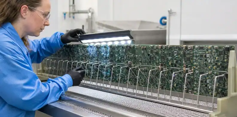 Residue mapping and rack clearance prepare the large PCB cleaning route.