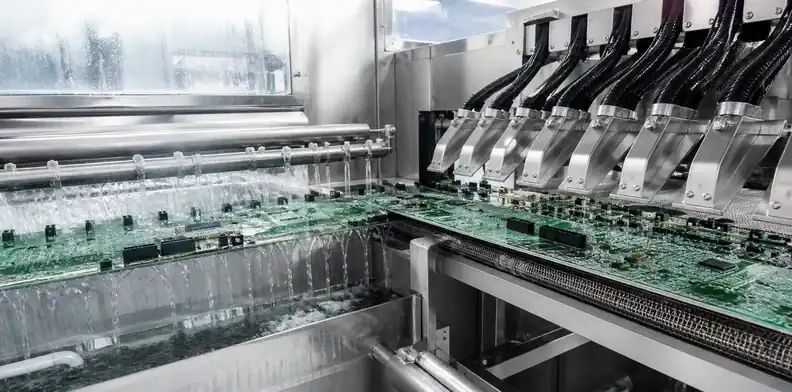 Rinse flow and directed drying protect hidden volumes during large PCB cleaning.