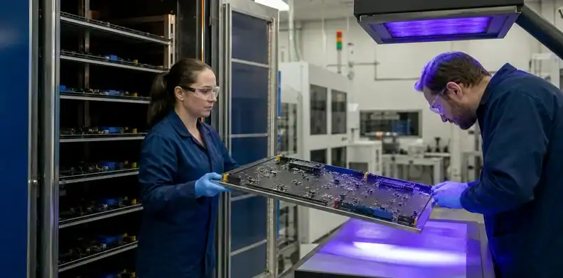 Cure control and UV review verify large PCB conformal coating coverage.